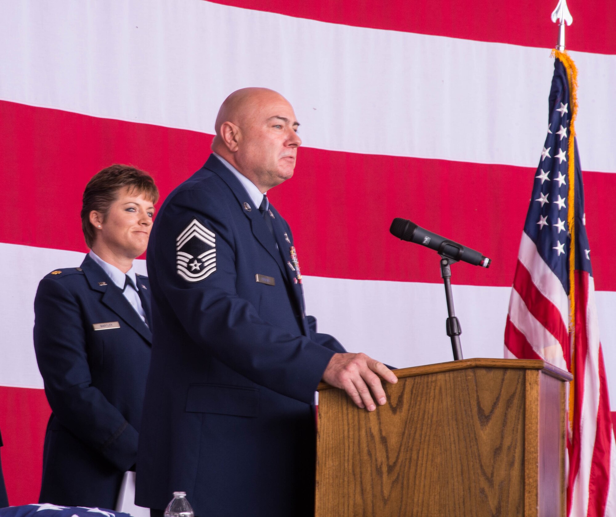 Chief Master Sgt. Ricky Fugate speaks during his retirement ceremony on Dyess Air Force Base, Texas, June 3, 2017. Fugate is assigned to the 489th Maintenance Squadron and is retiring after 34 years of service.