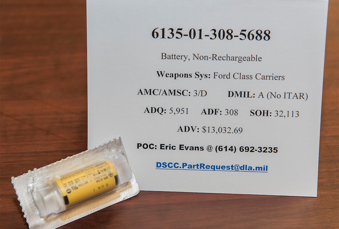 6135-01-308-5688 battery, non-rechargeable
Weapons System: Ford Class Carriers
AMC/AMSC: 3/D  -  DMIL: A (No ITAR)  -  ADQ: 5,951  -  ADF: 308  -  SOH: 32,113  -  ADV: $13,032.69
dscc.partrequest@dla.mil