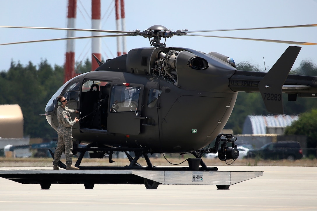 New Jersey Army National Guardsmen perform maintenance and systems checks on a UH-72 Lakota helicopter at Joint Base McGuire-Dix-Lakehurst, N.J., June 14, 2017. New Jersey Air National Guard photo by Master Sgt. Matt Hecht
