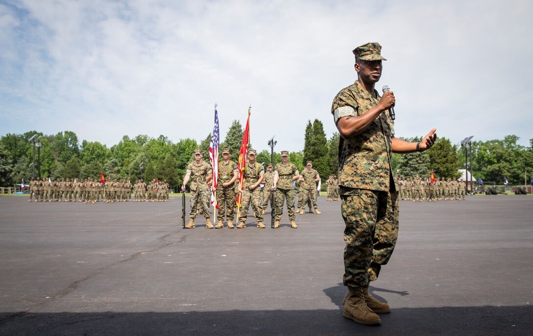 Incoming Commanding Officer of Officer Candidate School (OCS), Colonel Ahmed T. Williamson, addresses the audience during his change of command ceremony aboard OCS parade deck, June 3, 2017.