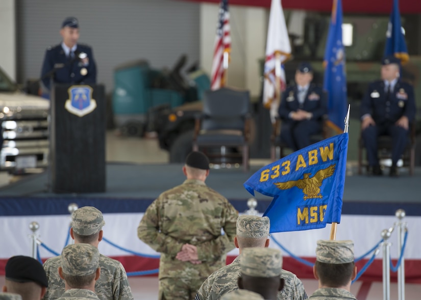U.S. service members stand in formation during the 633rd Air Base Wing change of command ceremony at Joint Base Langley-Eustis, Va., June 22, 2017. The incoming commander, U.S. Air Force Col. Sean Tyler, previously served at Langley in a variety of positions throughout his career, including as a flight commander, executive officer and deputy group commander. (U.S. Air Force photo/Staff Sgt. R. Alex Durbin)