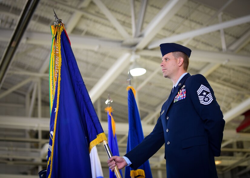 U.S. Air Force Chief Master Sgt. Kennon Arnold, 633rd Air Base Wing vice command chief, participates in the 633rd ABW change of command ceremony at Joint Base Langley-Eustis, Va., June 22, 2017. Col. Sean Tyler assumed command of the unit, which provides installation support to more than 18,000 Airmen, Soldiers and civilians across two major command headquarters, 13 operational wings and Army brigades, and more than 20 associate units. (U.S. Air Force photo/Staff Sgt. Areca T. Bell)