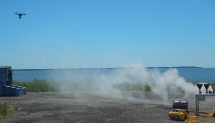 DAHLGREN, Va. (June 15, 2017) - An octocopter equipped with the SCAPEGOAT chemical, biological, and radiological (CBR) detection system approaches a biological simulant release during testing at the Potomac River Test Range. The SCAPEGOAT system - designed to deploy on multiple unmanned aerial vehicle platforms, including multi-rotor and fixed wing aircraft - was developed via the Naval Surface Warfare Center Dahlgren Division sponsored Sly Fox Program from January to June 2017.