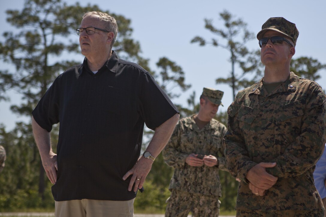 The Deputy Secretary of Defense, Honorable Mr. Robert O. Work, left, speaks with Lt. Col. Theodore Bethea, commanding officer of Advanced Infantry Training Battalion-East, School of Infantry- East, at Camp Lejeune, N.C., June 2, 2017. Marines from the School of Infantry demonstrated a live fire exercise as a part of training to diplomats and military personnel during their visit to the base.  (U.S. Marine Corps photo by Lance Cpl. Tyler Pender)