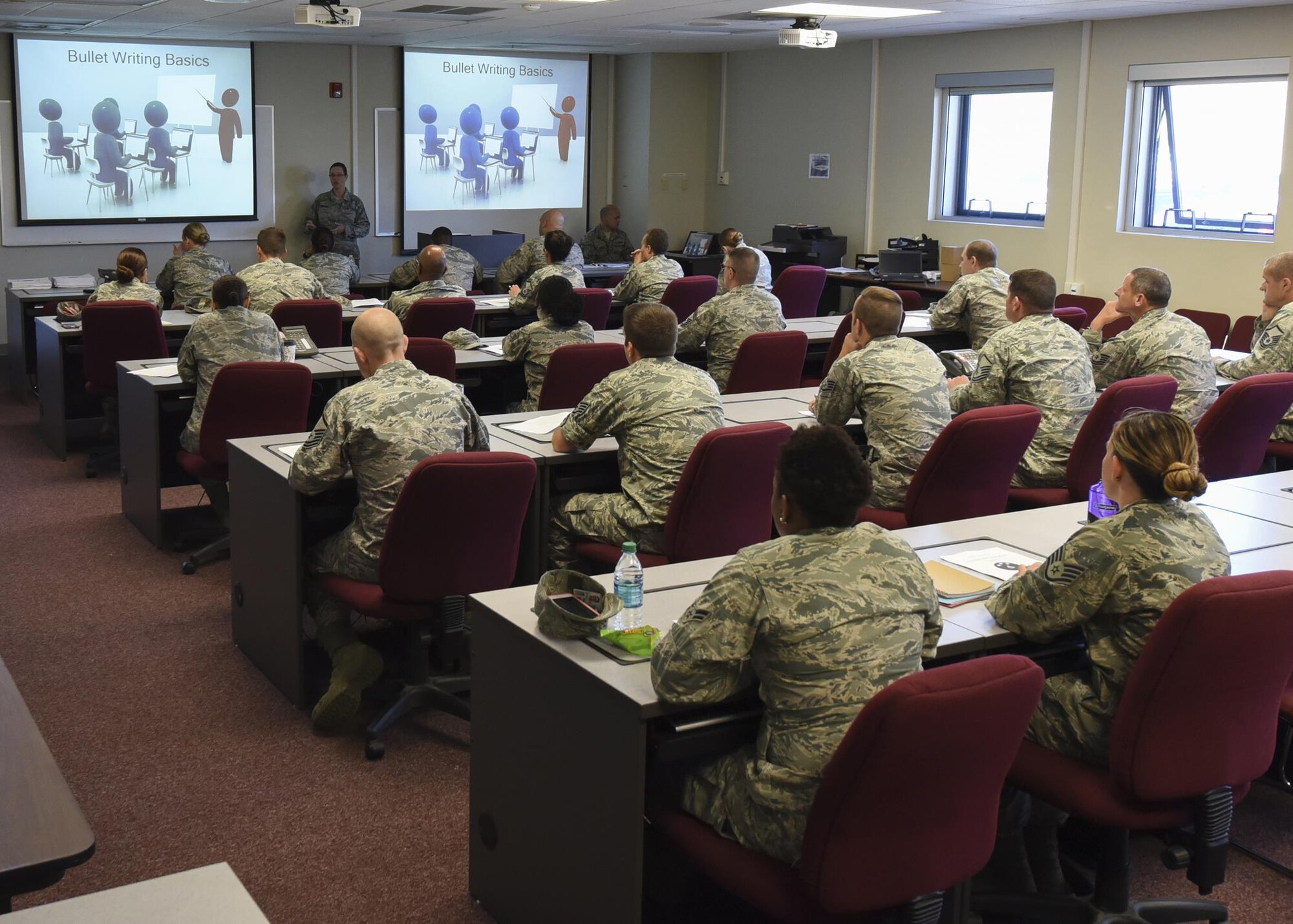 Chief Master Sgt. Paula C. Shawhan, chief of the I.G. Brown Training and Education Center, Professional Continuing Education division, teaches bullet writing to Airmen at the Maryland Air National Guard's 175th Wing, June 20, 2017, in Middle River, Md. The two-hour class teaches the fundamental dynamics on how to write an effective bullet statement for enlisted performance reports and officer performance
reports. (U.S. Air National Guard photo by Senior Airman Enjoli Saunders)