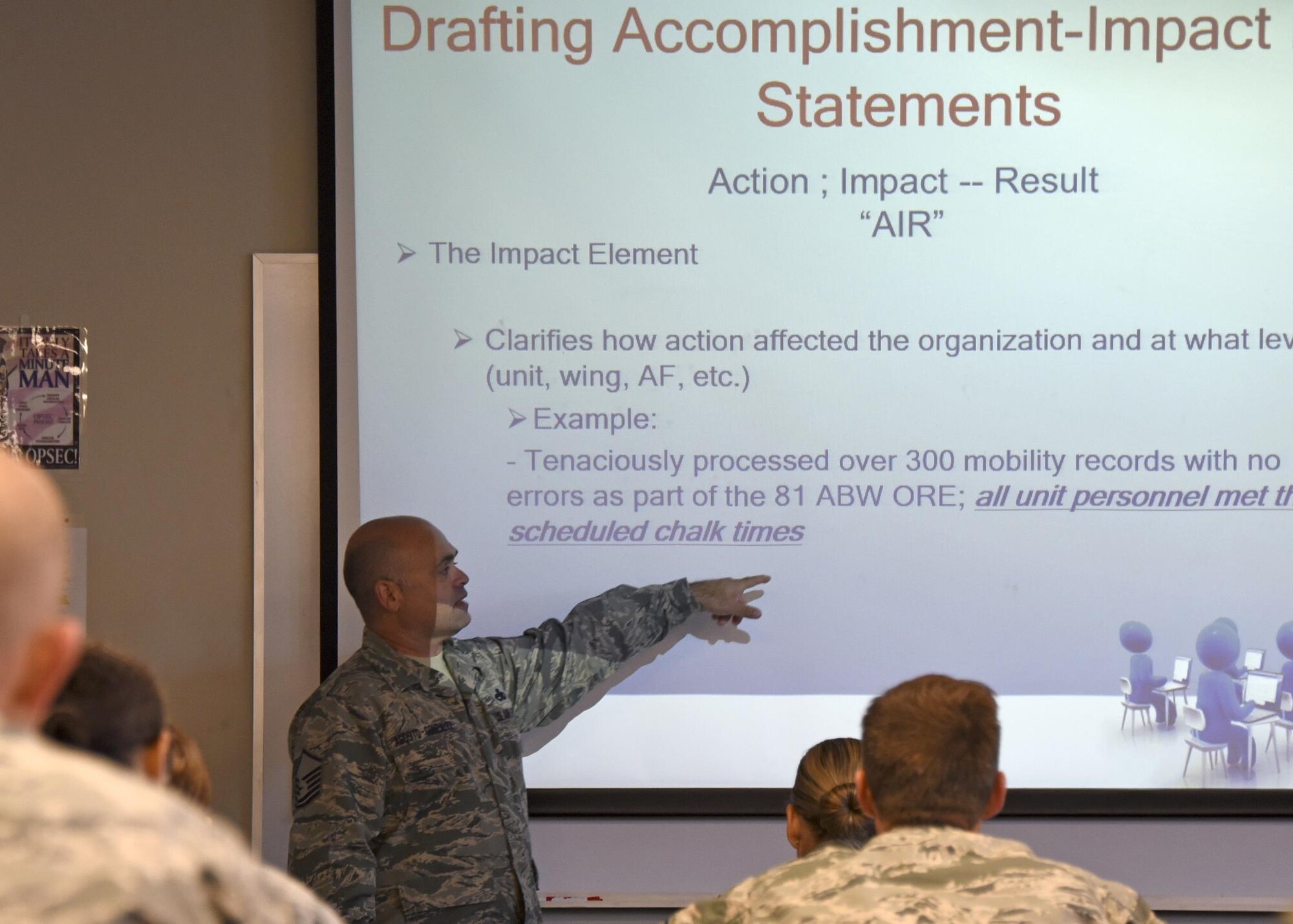 Master Sgt. Jose Agosto-Gonzalez, instructor and curriculum designer, I.G. Brown Training and Education Center, teaches bullet writing to Airmen at the Maryland Air National Guard's 175th Wing, June 20, 2017, in Middle River, Md. The two-hour class teaches the fundamental dynamics on how to write an effective bullet statement for enlisted performance reports and officer performance reports. (U.S. Air National Guard photo by Senior Airman Enjoli Saunders)