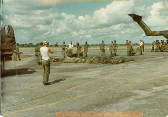 In an operation that began on November 18, 1978, the 31st Aeromedical Evacuation Squadron participated in the treatment and evacuation of personnel from Georgetown, Guyana. These survivors were victims of a mass suicide that had occurred at Jonestown, Guyana on the same date.   (Air Force File Photo)