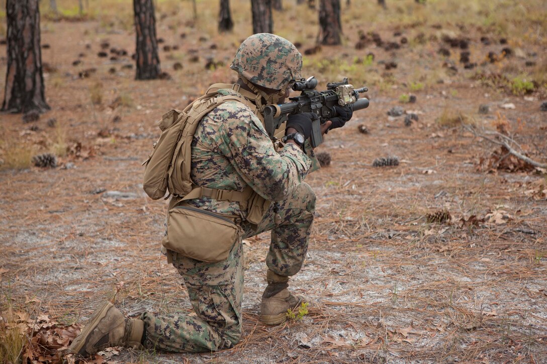 A U.S. Marine assigned to Advanced Infantry Training Battalion the School of Infantry-East (SOI-E), engage a simulated enemy position during a combined arms exercise at Camp Lejeune, N.C., April 7, 2017. The mission of SOI-E is to train entry-level and advanced level Marines in the skills required of an infantry Marine for the operating forces. (U.S. Marine Corps photo by Lance Cpl. Tyler Pender)