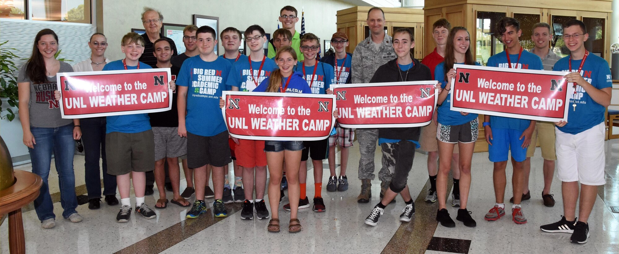 University of Nebraska-Lincoln Weather Camp attendees visited the 557th Weather Wing where they received a mission-brief and toured the Space Weather Operations Center and High-Performance Computing Center at Offutt Air Force Base, Neb. The Weather Camp is open to students entering grades 10 through 12 and is designed to give attendees insight into how scientists observe and forecast the weather as well as monitor the changing climate. The 557th Weather Wing is an Air Combat Command unit under 12th Air Force. It is the only weather wing in the U.S. Air Force and is comprised of more than 1,450 active duty, reserve, civilian and contract personnel. Its mission is to maximize America's power through the exploitation of timely, accurate and relevant weather information; anytime, everywhere.