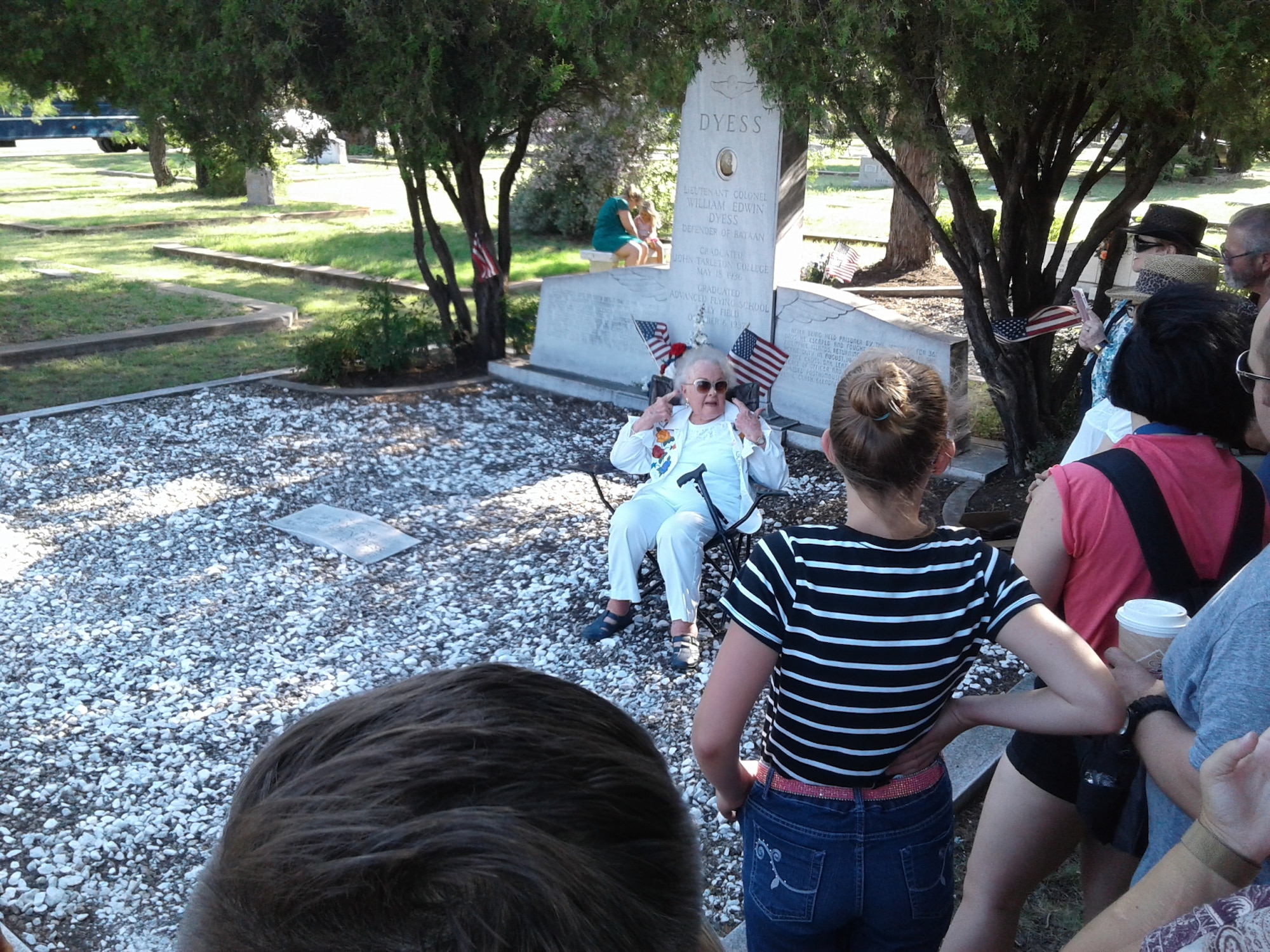 Elizabeth “Nell” (Dyess) Denman, Eddie Dyess' little sister. Nell elaborated on Eddie’s life and achievements, both locally and in the military at Albany, Texas June 16, 2017. This somber moment allowed the group an opportunity to embrace the awesomeness of our base namesake.(Courtesy Photo)