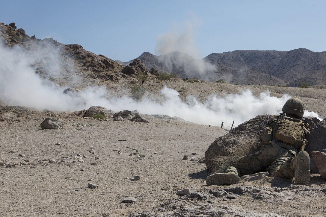 A U.S. Marine with Golf Company, 2nd Battalion, 25th Marines, 4th Marine Division, Marine Forces Reserve, fire on range 400 as part of Integrated Training Exercise 4-17 at Camp Wilson, Twentynine Palms, California on June 18, 2017. ITX 4-17, a live-fire and maneuver combined arms exercise designed to train battalion and squadron-sized units in the tactics, techniques, and procedures required to provide a sustainable and ready operational reserve for employment across the full spectrum of crisis and global engagement.