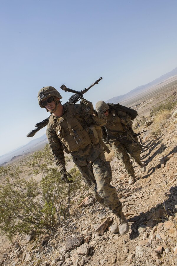 A U.S. Marine with Golf Company, 2nd Battalion, 25th Marines, 4th Marine Division, Marine Forces Reserve, move to machine gun hill on range 400 as part of Integrated Training Exercise 4-17 at Camp Wilson, Twentynine Palms, California on June 18, 2017. ITX is the largest annual Marine Forces Reserve training exercise, bringing together over 5,000 Marines from across the United States to prepare battalion and squadron-sized units for combat, under the most realistic conditions possible.