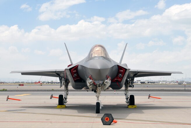 An F-35 Lightning II from Hill Air Force Base, Utah sits on the flightline at Roland R. Wright Air National Guard Base in Salt Lake City. The F-35 crew chiefs provided training to several members of the 151st Maintenance Group so they can assist with landing procedures for the aircraft if one is rerouted to the guard base due to a runway closure at Hill. (U.S. Air National Guard photo by Tech. Sgt. Annie Edwards)