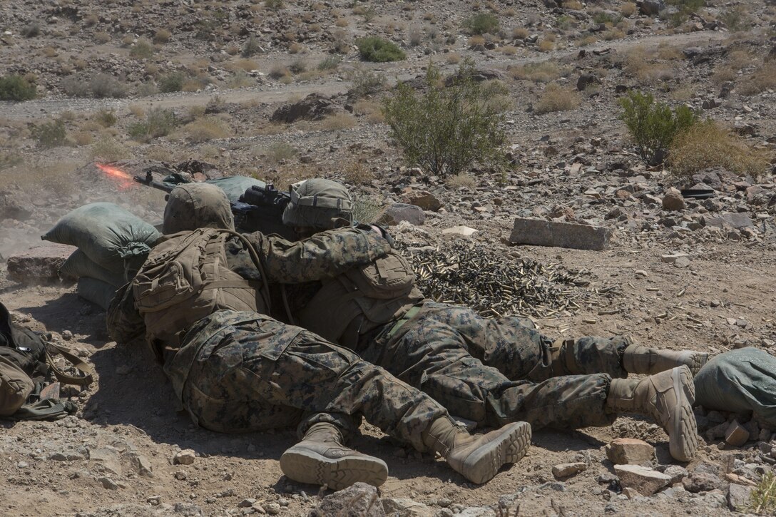 U.S. Marines with Golf Company, 2nd Battalion, 25th Marines, 4th Marine Division, Marine Forces Reserve, fire on range 400 as part of Integrated Training Exercise 4-17 at Camp Wilson, Twentynine Palms, California on June 18, 2017. ITX is the largest annual Marine Forces Reserve training exercise, bringing together over 5,000 Marines from across the United States to prepare battalion and squadron-sized units for combat, under the most realistic conditions possible.