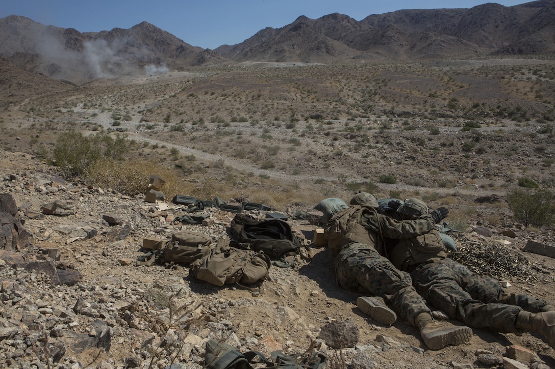 U.S. Marines with Golf Company, 2nd Battalion, 25th Marines, 4th Marine Division, Marine Forces Reserve, fire on range 400 as part of the annual Integrated Training Exercise 4-17 at Camp Wilson, Twentynine Palms, California on June 18, 2017. ITX is the largest annual Marine Forces Reserve training exercise, bringing together over 5,000 Marines from across the United States to prepare battalion and squadron-sized units for combat, under the most realistic conditions possible.