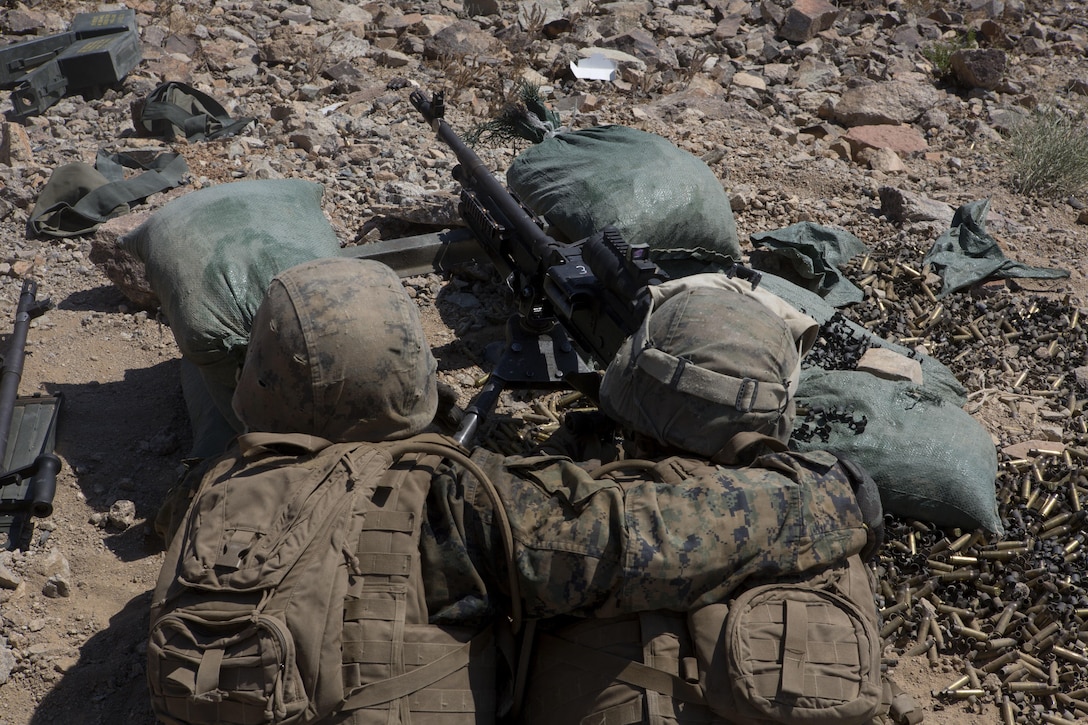 U.S. Marines with Golf Company, 2nd Battalion, 25th Marines, 4th Marine Division, Marine Forces Reserve, fire on range 400 as part of Integrated Training Exercise 4-17 at Camp Wilson, Twentynine Palms, California on June 18, 2017. ITX is the largest annual Marine Forces Reserve training exercise, bringing together over 5,000 Marines from across the United States to prepare battalion and squadron-sized units for combat, under the most realistic conditions possible