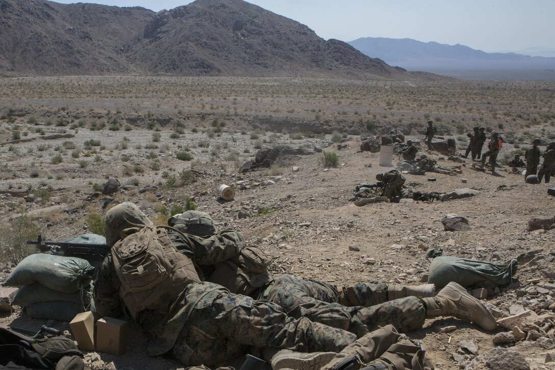 U.S. Marines with Golf Company, 2nd Battalion, 25th Marines, 4th Marine Division, Marine Forces Reserve, fire on range 400 as part Integrated Training Exercise 4-17 at Camp Wilson, Twentynine Palms, California on June 18, 2017. ITX is the largest annual Marine Forces Reserve training exercise, bringing together over 5,000 Marines from across the United States to prepare battalion and squadron-sized units for combat, under the most realistic conditions possible.(U.S. Marine Corps photo by Lance Cpl. Imari J. Dubose)