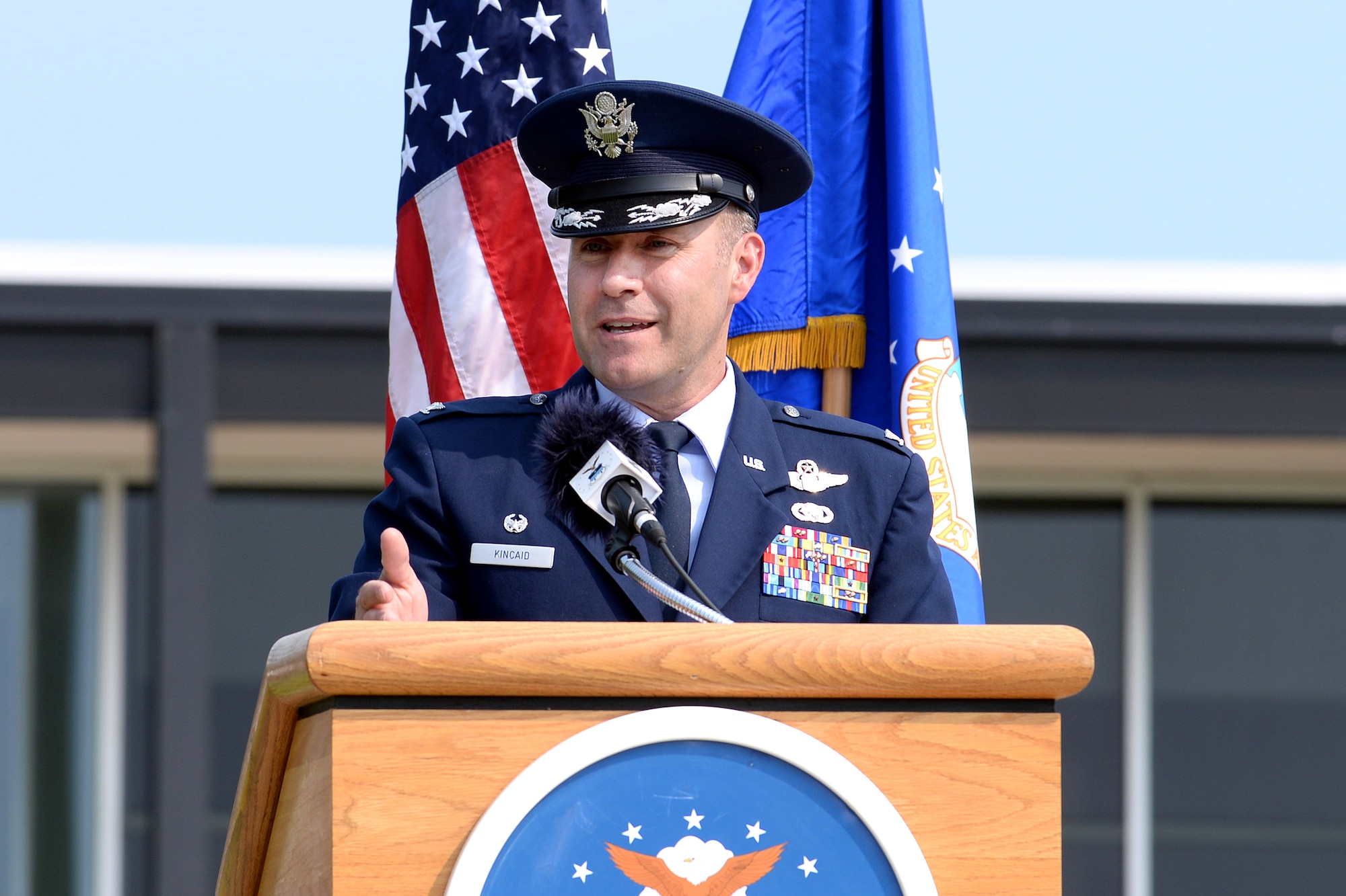 Col. David Kincaid speaks in front of the 10th Air Base Wing headquarters building after taking command of the 10th Mission Support Group June 22, 2017 at the U.S. Air Force Academy. (U.S. Air Force photo/Jason Gutierrez)

