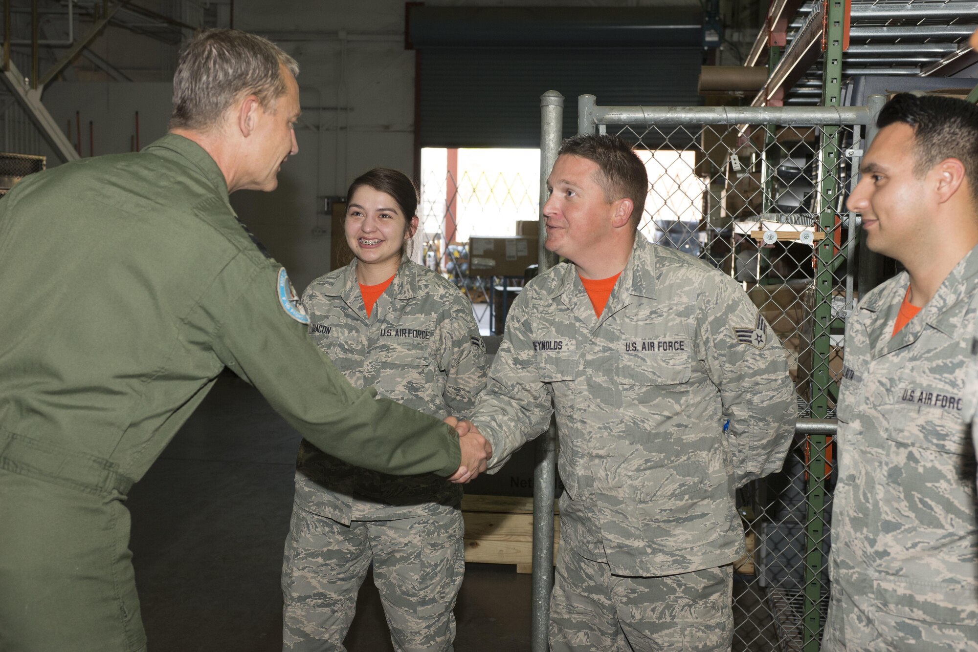 Commander of the Royal Netherlands Air Force Lt. Gen. Dennis Luyt, visited the Logistics Readiness Squadron during his visit to the 162nd Wing Friday, June 16, 2017.  Airmen from LRS store and ship more than 10,000 supplies in support of the Dutch 148th Fighter Squadron. Luyt spent the day visiting with Airmen and the evening attending a graduation for his newest fighter pilots. (U.S. Air National Guard photo by 1st Lt. Lacey Roberts)