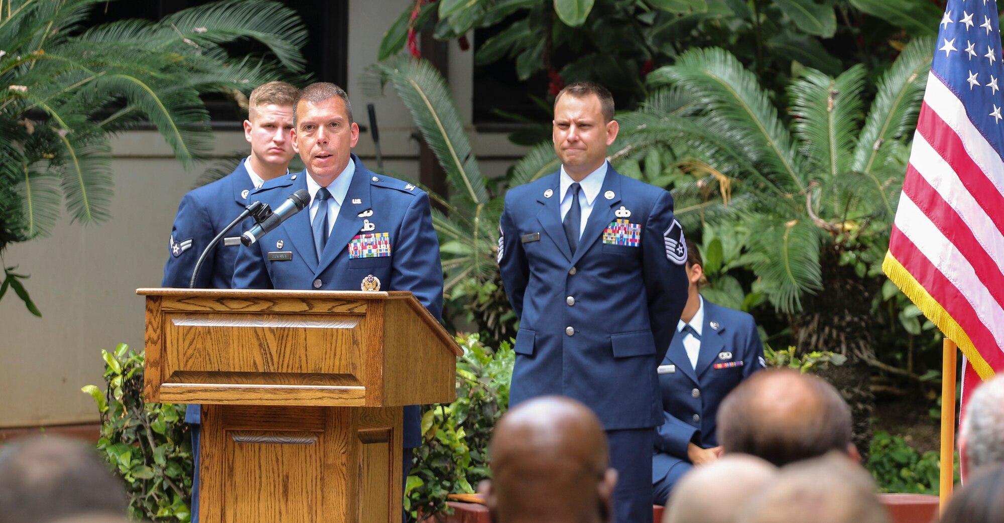 Col. Steven Dickerson, 557th Weather Wing commander, speaks at a Purple Heart Ceremony for Senior Master Sgt. Jason Ronsse, 17th Operational Weather Operations superintendent, at Joint Base Pearl Harbor-Hickam, Hawaii on June 20, 2017. Ronsse was injured during a in-direct fire incident while deployed to Bagram Air Base, Afghanistan.