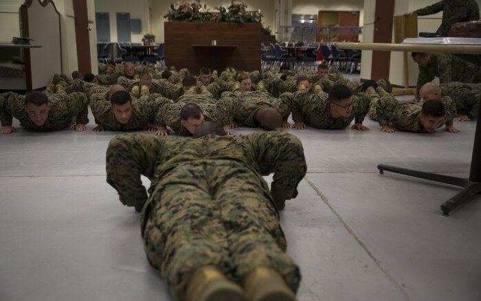 1st Sgt. Derrick Benbow, senior enlisted advisor of 3rd Law Enforcement Battalion, III Marine Headquarters Group, III Marine Expeditionary Force, alongside Marines and Corpsmen conduct pushups during the 119th Hospital Corpsman Birthday at Camp Mujuk, Pohang, Republic of Korea, June 17, 2017. Marines from Bravo Company, 3rd LE Bn, III MHG, III MEF and Corpsmen with 3rd Medical Battalion, 3rd Marine Logistics Group, III MEF came together to celebrate the birthday with a ceremonial cake cutting and birthday message reading from 3rd LE Bn senior enlisted advisor. (U.S. Marine Corps photo by Lance Cpl. Andy Martinez)