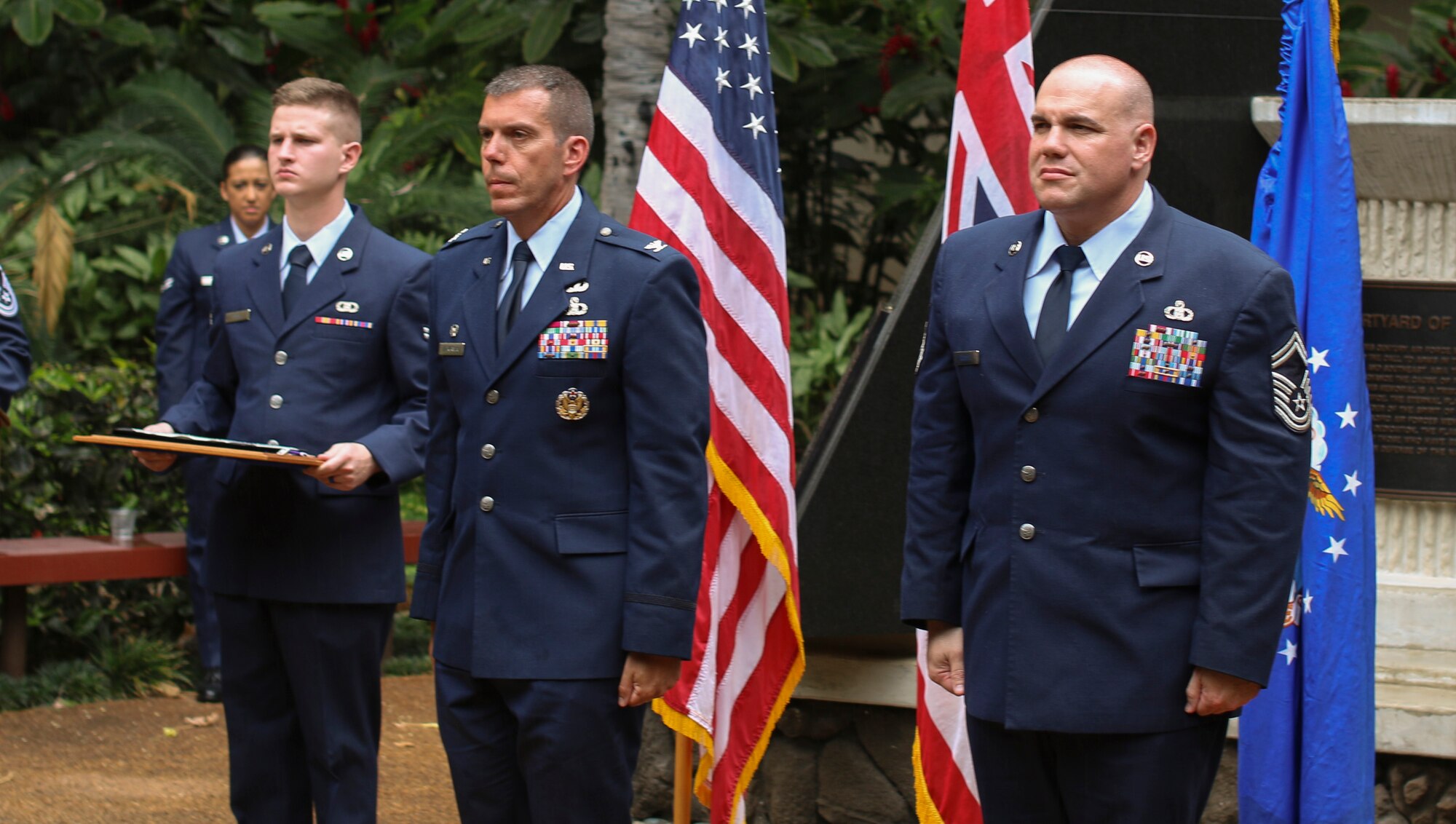 Senior Master Sgt. Jason Ronsse, 17th Operational Weather Operations superintendent, receives a Purple Heart Medal from Col. Steven Dickerson, 557th Weather Wing commander, at Joint Base Pearl Harbor-Hickam, Hawaii on June 20, 2017. Ronsse was injured during a in-direct fire incident while deployed to Bagram Air Base, Afghanistan.