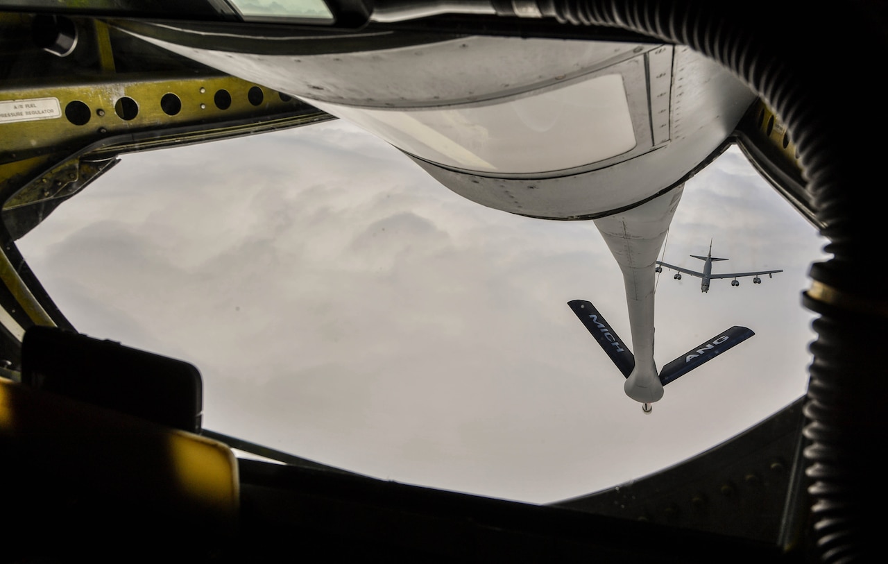 A U.S. Air Force Global Strike Command B-52 Stratofortress flies into position to receive fuel from a KC-135 Stratotanker assigned to the 127th Air Refueling Squadron, Selfridge Air National Guard Base, Michigan, during exercise Saber Strike 17 above Riga, Latvia, June 13, 2017. The B-52, along with multiple other types of aircraft, were used throughout the exercise. Saber Strike 17 continues to increase participating nations’ capacities to conduct a full spectrum of military operations.  (U.S Air Force photo by Senior Airman Tryphena Mayhugh)