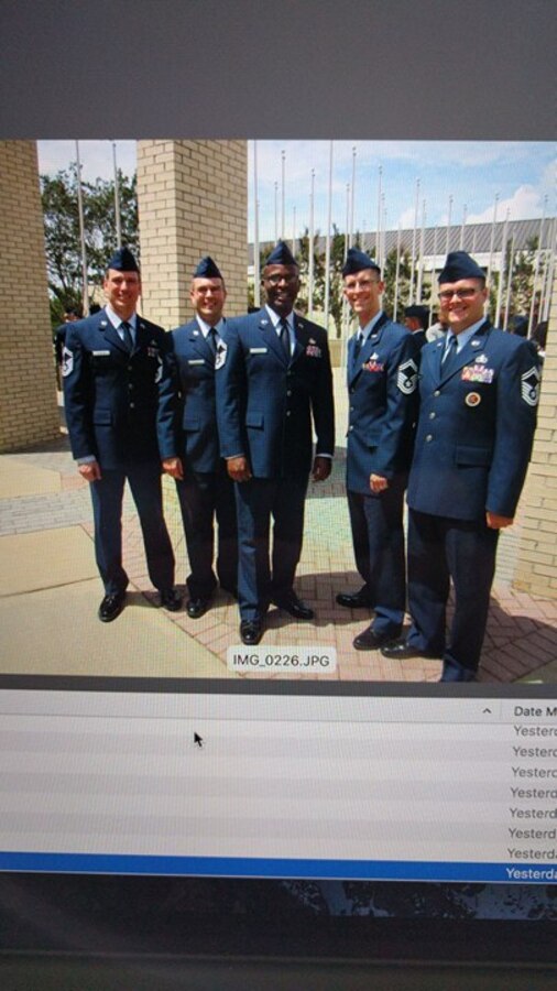 Here are the happy faces of the most recent Air Force band members graduating class of SNCOA: SMSgt Matt Irish, SMSgt Henry Tyszler, and SMSgt William Hurd. Also in the picture is former Air Force bandsman, SMSgt Adam Dempsey, who is now an instructor at the Academy, and SMSgt Joshua Gates from the Band of the Rockies. (A.F. Photos/A1C Skylar Goldberg/released)