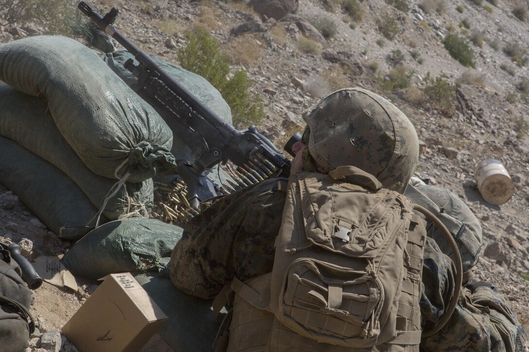 U.S. Marines with Golf Company, 2nd Battalion, 25th Marines, 4th Marine Division, Marine Forces Reserve, fire on range 400 as part of Integrated Training Exercise 4-17 at Camp Wilson, Twentynine Palms, California on June 18, 2017. ITX is the largest annual Marine Forces Reserve training exercise, bringing together over 5,000 Marines from across the United States to prepare battalion and squadron-sized units for combat, under the most realistic conditions possible.
