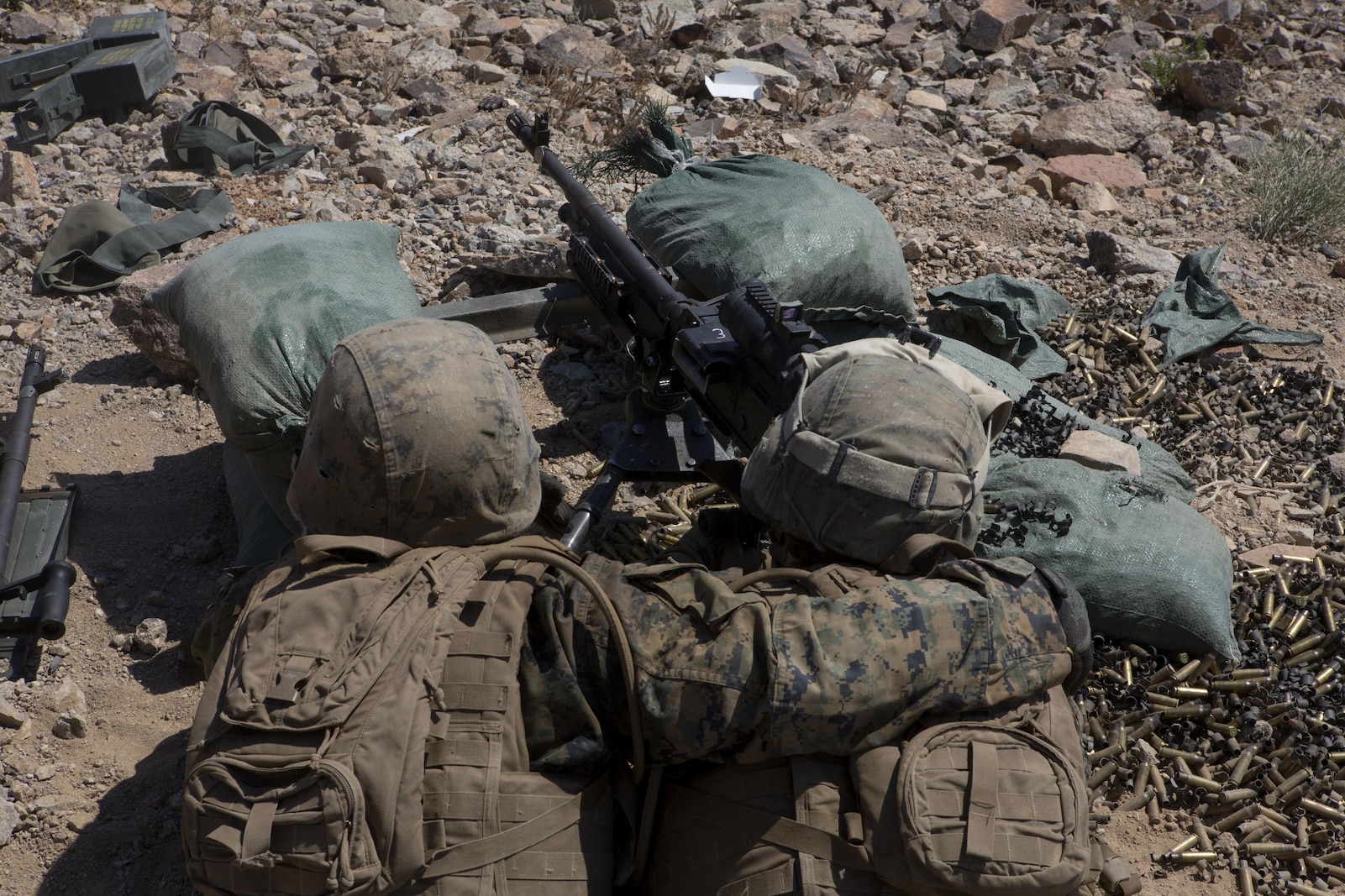 U.S. Marines with Golf Company, 2nd Battalion, 25th Marines, 4th Marine Division, Marine Forces Reserve, fire on range 400 as part of Integrated Training Exercise 4-17 at Camp Wilson, Twentynine Palms, California on June 18, 2017. ITX is the largest annual Marine Forces Reserve training exercise, bringing together over 5,000 Marines from across the United States to prepare battalion and squadron-sized units for combat, under the most realistic conditions possible