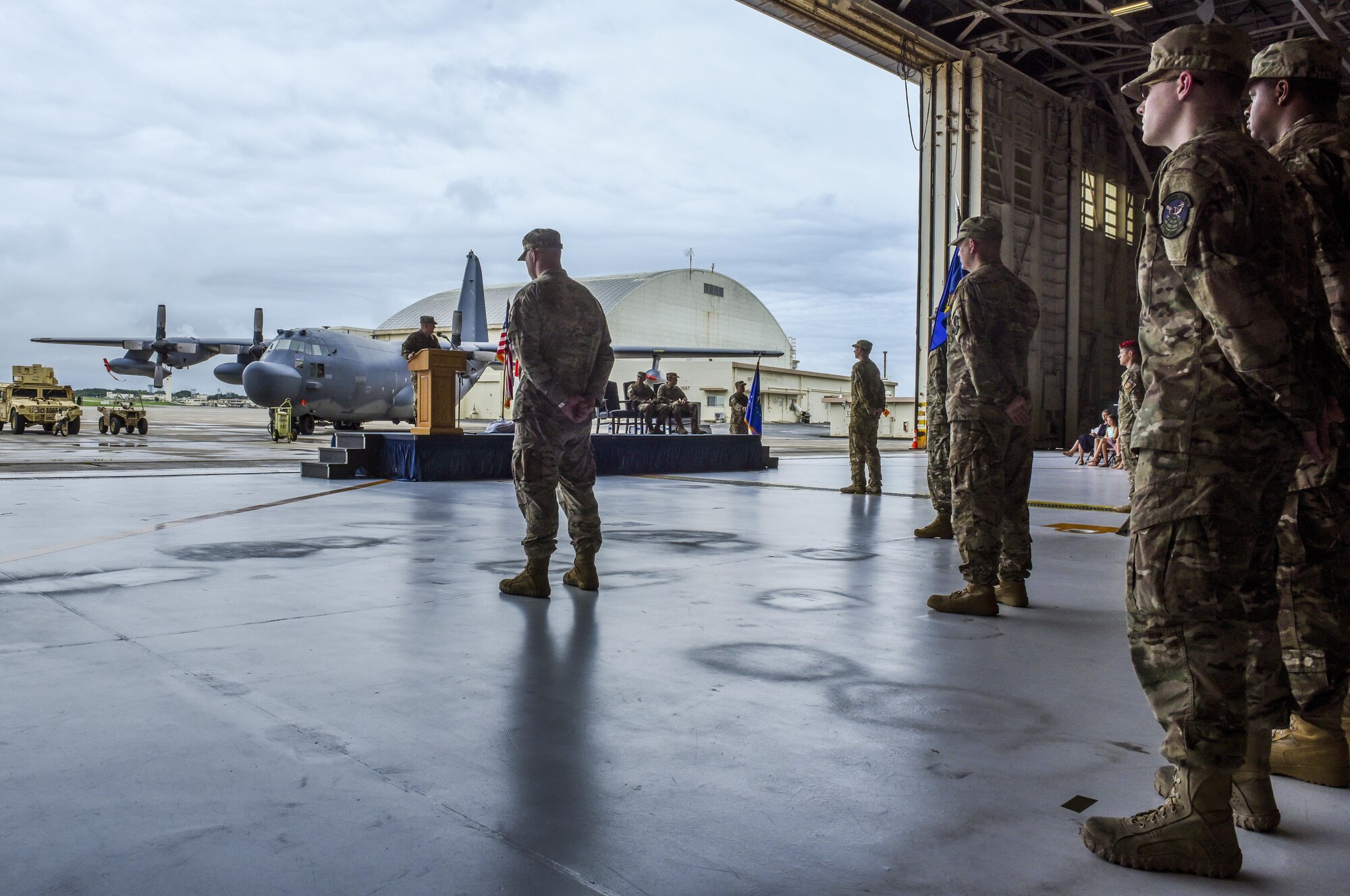U.S. Air Force Lt. Gen. Brad Webb, commander of Air Force Special Operations Command, delivers a speech to the Air Commandos of the 353rd Special Operations Group during a change of command ceremony, June 19, 2017 at Kadena Air Base, Japan. Webb was the presiding official of the ceremony. (U.S. Air Force photo by Senior Airman Nicholas Emerick)