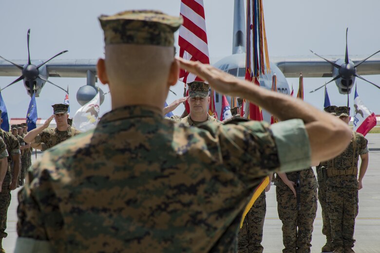 U.S. Marine Corps Col. Daniel Shipley, former Marine Aircraft Group (MAG) 12 commanding officer, salutes U.S. Marine Corps Maj. Gen. Russell A. Sanborn, the commanding general of 1st Marine Aircraft Wing, III Marine Expeditionary Force, during a change of command ceremony at Marine Corps Air Station Iwakuni, Japan, June 23, 2017. After two years of dedicated service to MAG-12, Shipley was relieved of his duties to continue on and serve in Washington D.C. at Headquarters Marine Corps with Programs and Resources. (U.S. Marine Corps photo by Lance Cpl. Joseph Abrego)
