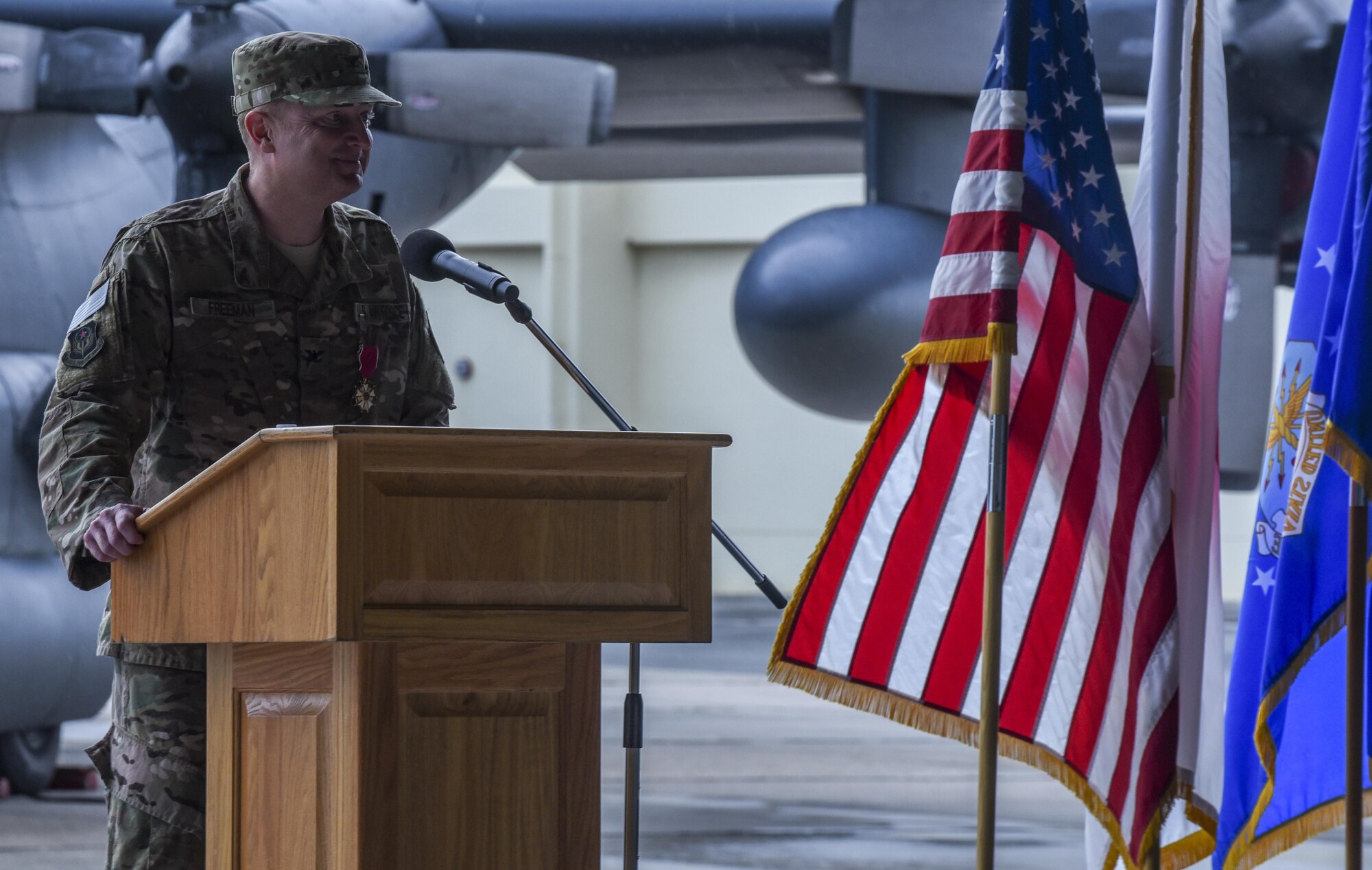 U.S. Air Force Col. William Freeman, outgoing commander of the 353rd Special Operations Group, delivers his last speech to the Air Commandos of the 353rd SOG during a change of command ceremony, June 19, 2017 at Kadena Air Base, Japan. Freeman leaves Kadena for an assignment at AFSOC Headquarters at Hurlburt Field, Fla. (U.S. Air Force photo by Senior Airman Nicholas Emerick)