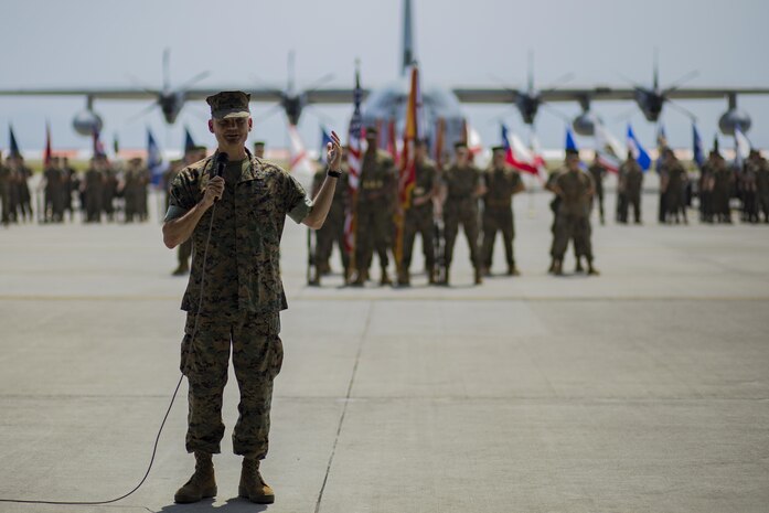 U.S. Marine Corps Maj. Gen. Russell A. Sanborn, the commanding general of 1st Marine Aircraft Wing, III Marine Expeditionary Force, addresses guests during a change of command ceremony at Marine Corps Air Station Iwakuni, Japan, June 23, 2017. After two years of dedicated service to MAG-12, U.S. Marine Corps Col. Shipley was relieved of his duties by U.S. Marine Corps Col. Mark Palmer. (U.S. Marine Corps photo by Lance Cpl. Joseph Abrego)