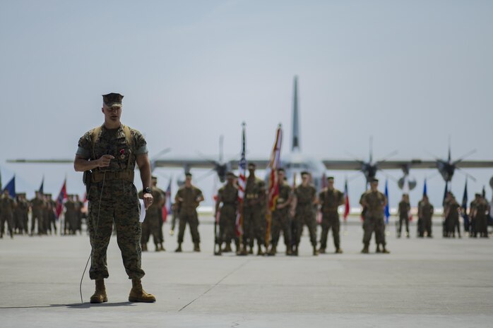 U.S. Marine Corps Col. Daniel Shipley, former Marine Aircraft Group (MAG) 12 commanding officer, addresses guests during a change of command ceremony at Marine Corps Air Station Iwakuni, Japan, June 23, 2017. After two years of dedicated service to MAG-12, Shipley was relieved of his duties to continue on and serve in Washington D.C. at Headquarters Marine Corps with Programs and Resources. (U.S. Marine Corps photo by Lance Cpl. Joseph Abrego)