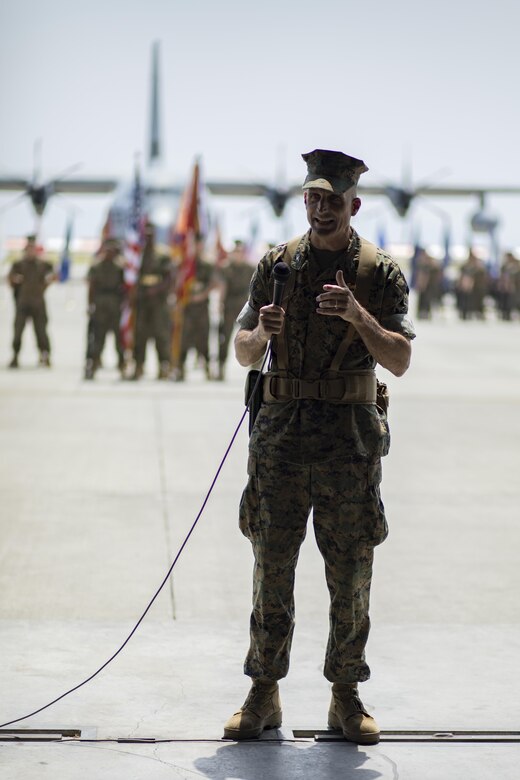 U.S. Marine Corps Col. Mark Palmer, Marine Aircraft Group (MAG) 12 commanding officer, addresses guests during a change of command ceremony at Marine Corps Air Station Iwakuni, Japan, June 23, 2017. Palmer is coming to the air station from Cherry Point, North Carolina, were he served as the 2nd Marine Aircraft Wing Director of Standardization and 2nd MAW Chief of Staff. (U.S. Marine Corps photo by Lance Cpl. Joseph Abrego)