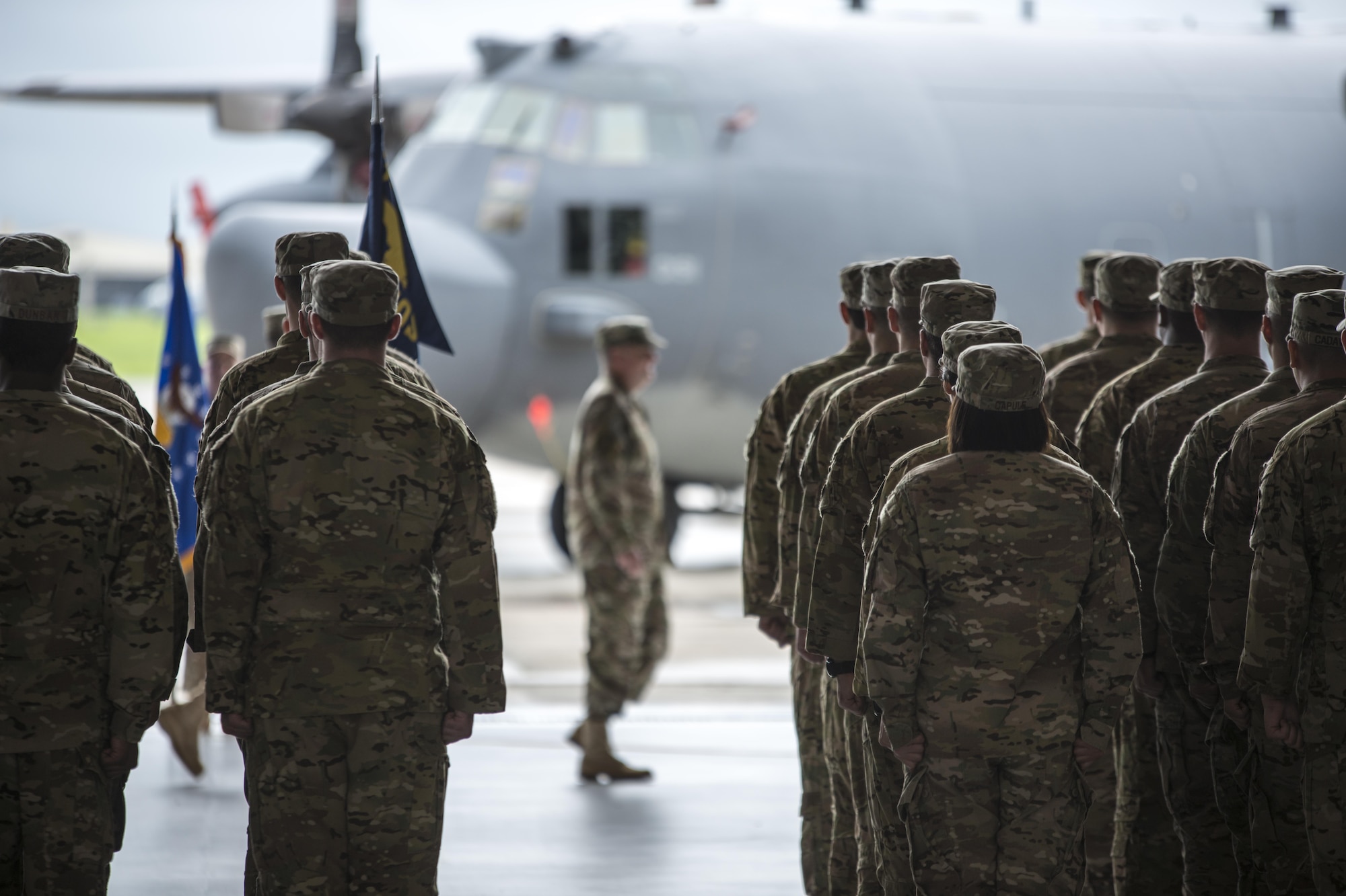 U.S. Air Force Lt. Gen. Brad Webb, commander of Air Force Special Operations Command, walks off the stage following the conclusion of the 353rd SOG change of command ceremony, June 19, 2017 at Kadena Air Base, Japan. Webb was the presiding official of the ceremony. (U.S. Air Force photo by Capt. Jessica Tait)