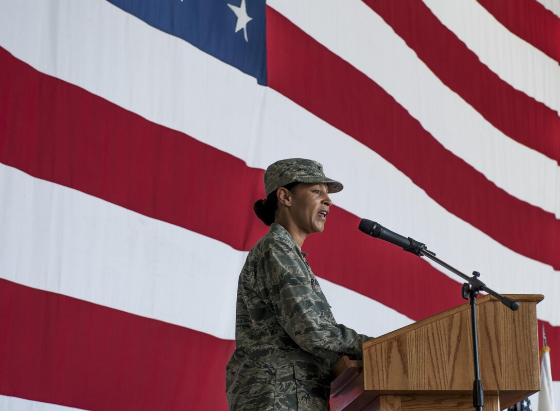 U.S. Air Force Col. Joann V. Palmer, 8th Medical Group commander, speaks to the 8th Fighter Wing during a change of command ceremony at Kunsan Air Base, Republic of Korea, June 23, 2017. Palmer took command of the 8th MDG from Col. Lisa A. Davison and upon assuming the position, received the title of “Hawk.” (U.S. Air Force photo by Senior Airman Colville McFee/Released)