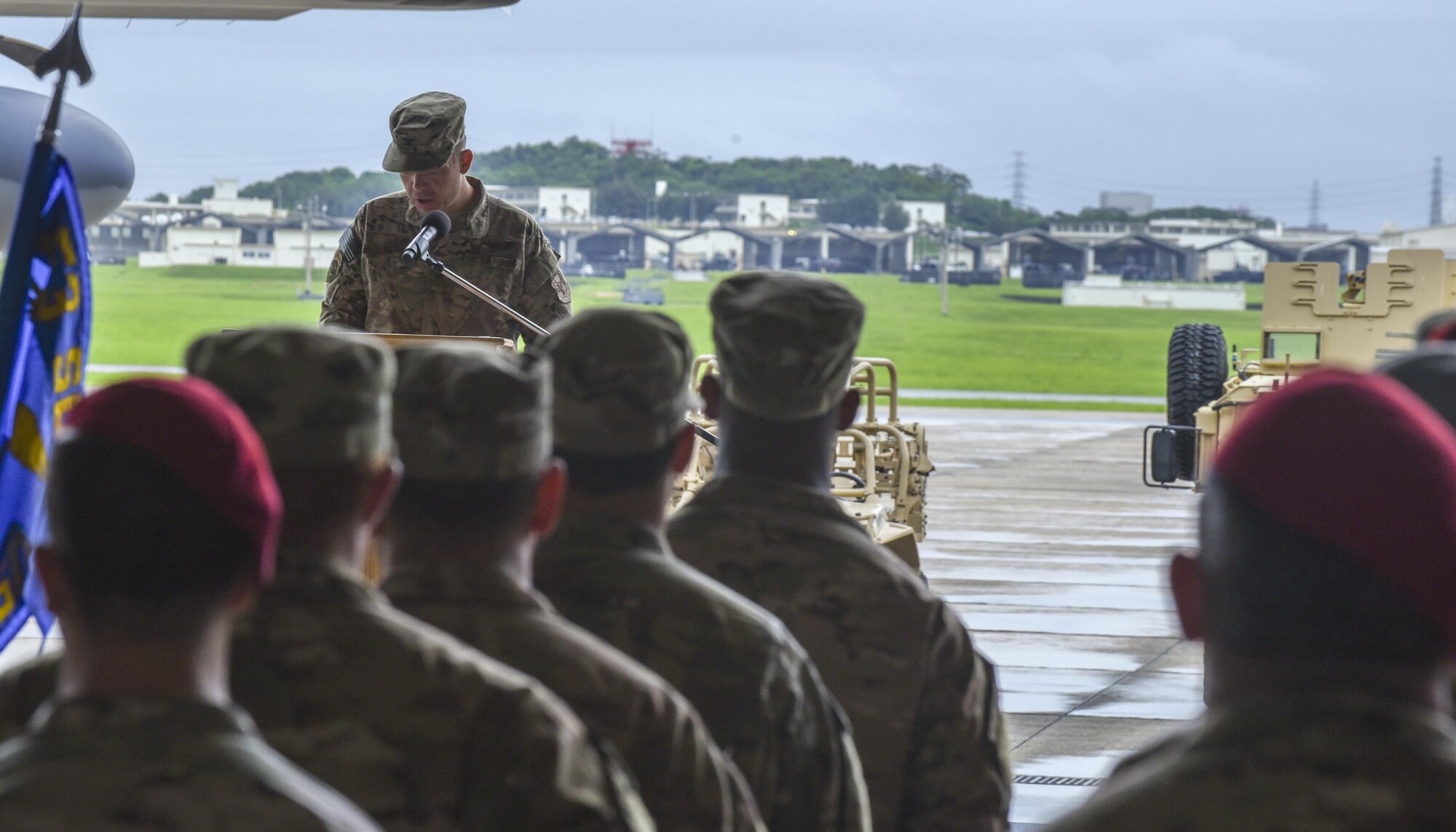U.S. Air Force Col. Jason Kirby, incoming commander of the 353rd Special Operations Group, delivers his first speech to the Air Commandos of the 353rd SOG during a change of command ceremony, June 19, 2017 at Kadena Air Base, Japan. Kirby now commands more than 850 Airmen who make up the only Air Force special operations unit in the Pacific. (U.S. Air Force photo by Senior Airman Nicholas Emerick)