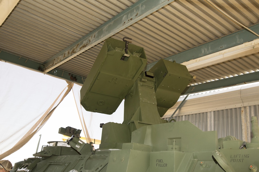 The Modified Target Acquisition, MTAS, turret swivels through its paces as the last of the testing is performed on the newest rocket launcher for the Light Armored Vehicle Anti-Tank vehicles, at Production Plant Barstow, Marine Depot Maintenance Command, aboard the Yermo Annex of Marine Corps Logistics Base Barstow, Calif., June 15. Crews from production plants Barstow and Albany, Ga., are training at PPB to learn how to install the new MTAS turrets.
