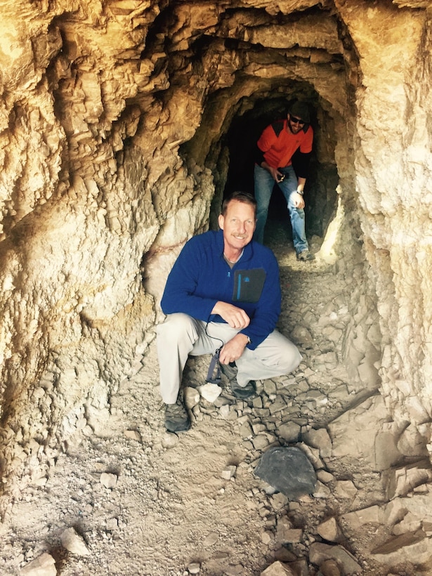 Investigating tunnels for ground penetrating radar tunnel detection survey, Naval Air Weapons Station China Lake, Calif. Eric Dunn, CRREL Office of the Technical Director; Dr. Zachary Securest, Chief Scientist, Joint Improvised-Threat Defeat Organization. (1st Place, People - 2017 CRREL Photo Contest)