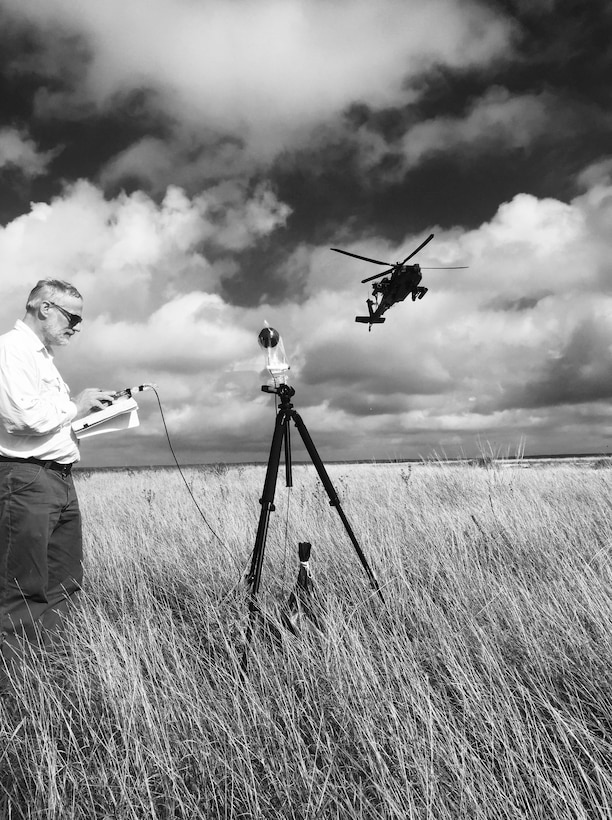 Dr. Donald Albert conducts an AH-64 Apache Helicopter Acoustic Survey, Fort Hood, Texas. (1st Place, Science - 2017 CRREL Photo Contest)