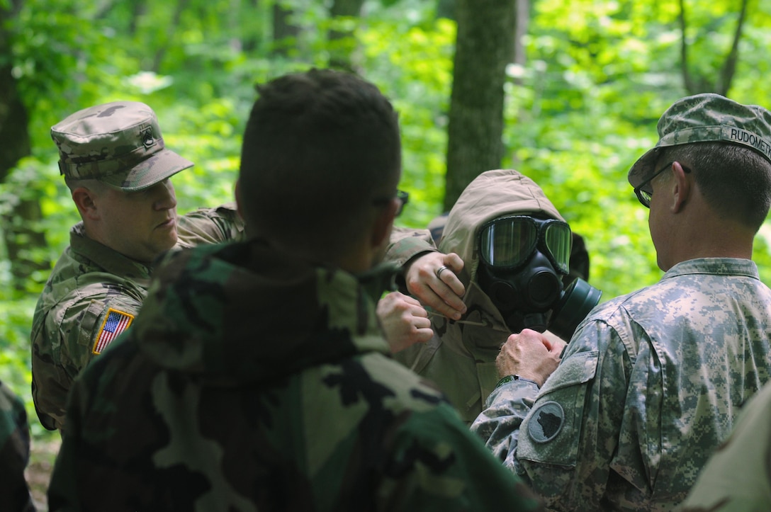 Staff Sgts. Chester Lohman and Steven Rudometkin, Reserve Soldiers assigned to Task Force Wolf, train Cadets prior to entering the gas chamber at Fort Knox, Ky. June 4, 2017. The Army Reserve has increased its role in the officer accessions across all components of the Army­ Active Duty, Reserve and National Guard in order to meet the future demand for leaders.  America’s Army Reserve generates combat ready units and Soldiers for the Army and Joint Warfighter that are trained, equipped, and lethal to win our Nation's wars.