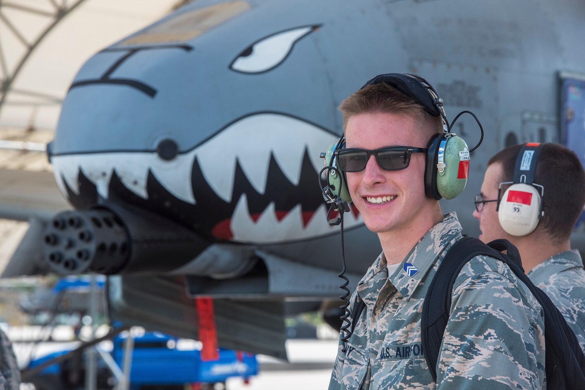 Cadet Tucker Penny, North Carolina State Detachment 595, smiles after watching an A-10C Thunderbolt II land during Operation Air Force 2017, June 16, 2017, at Moody Air Force Base, Ga. The annual event is designed to give cadets a hands-on training experience and a glance at various mission assets at bases across the world. The program allows cadets to confirm or reassess their pursued career fields while learning different support functions to become better leaders of Airmen in the future. (U.S. Air Force photo by Senior Airman Greg Nash)