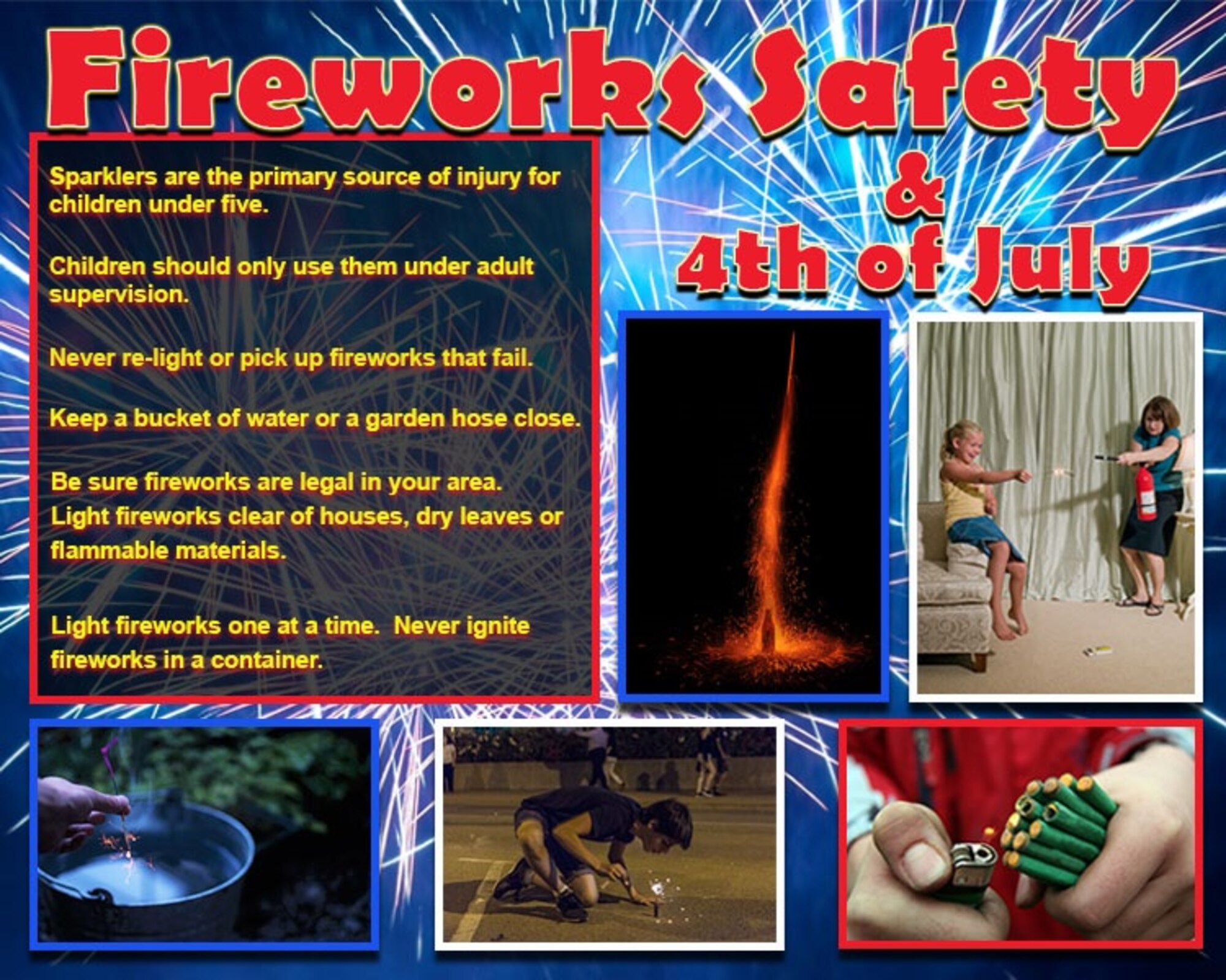 Fireworks are used to commemorate the Fourth of July. However, they are not safe in the hands of consumers. Fireworks initiate thousands of burns and eye injuries each year. 