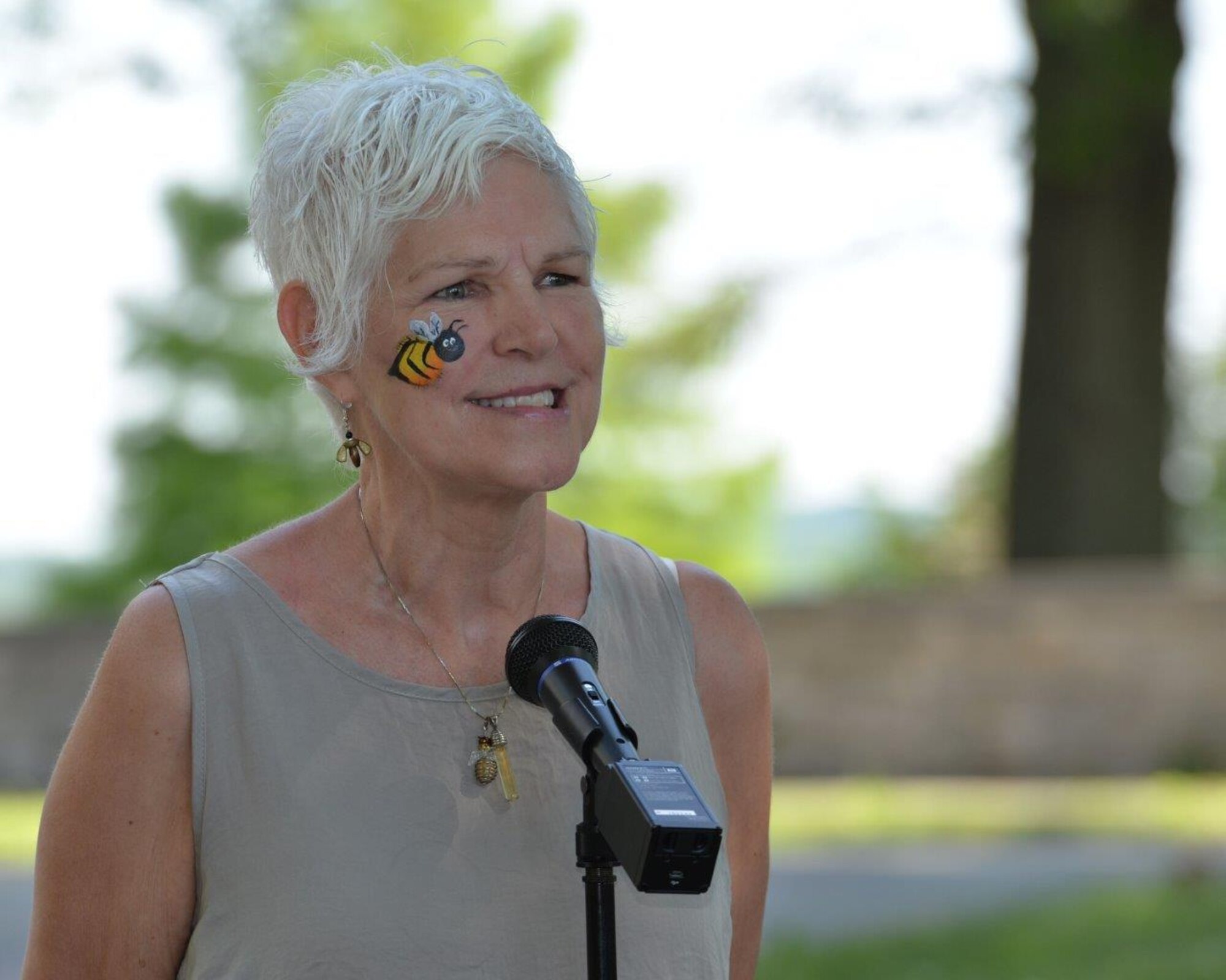 Phyllis Stiles, founder and director of Bee City USA, speaks at the Pollinator Expo held at the Wright Brothers Memorial located outside Wright-Patterson Air Force Base June 21. Stiles was named the North American Pollinator Protection Campaign’s United States’ PollinatorAdvocate of the Year for 2015. (U.S.Air Force photo/ Michelle Gigante)

