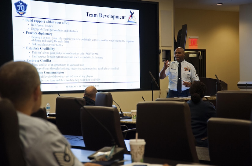 Chief Master Sgt. Larry Jones, 10th Force Support Squadron superintendent, talks about developing a team during the 2017 Equal Opportunity Worldwide Training Workshop at Joint Base Andrews, Md., June 15, 2017. The week-long training featured daily breakout sessions providing senior leader led discussions as well as small group sessions. (U.S. Air Force photo by Christopher Hurd)