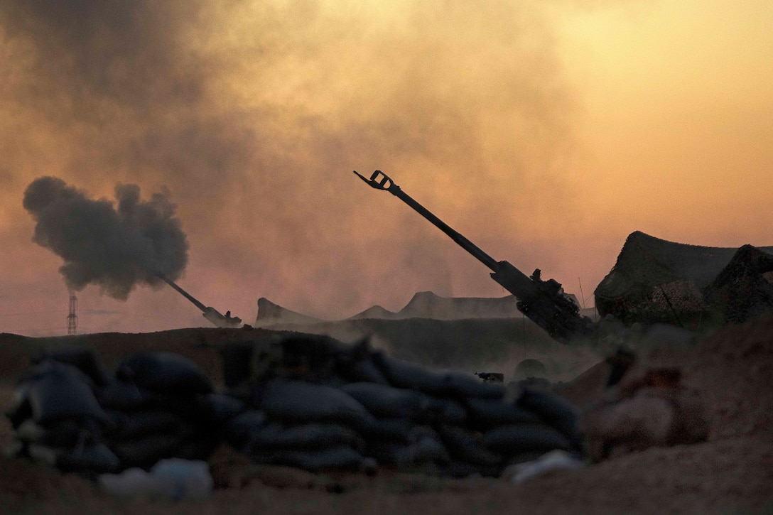 Marines fire an M777A2 howitzer in the early morning in Syria, June 2, 2017. Marines have been conducting 24-hour all-weather fire support for the coalition’s local partners, the Syrian Democratic Forces, to support Combined Joint Task Force Operation Inherent Resolve. Marine Corps photo by Sgt. Matthew Callahan