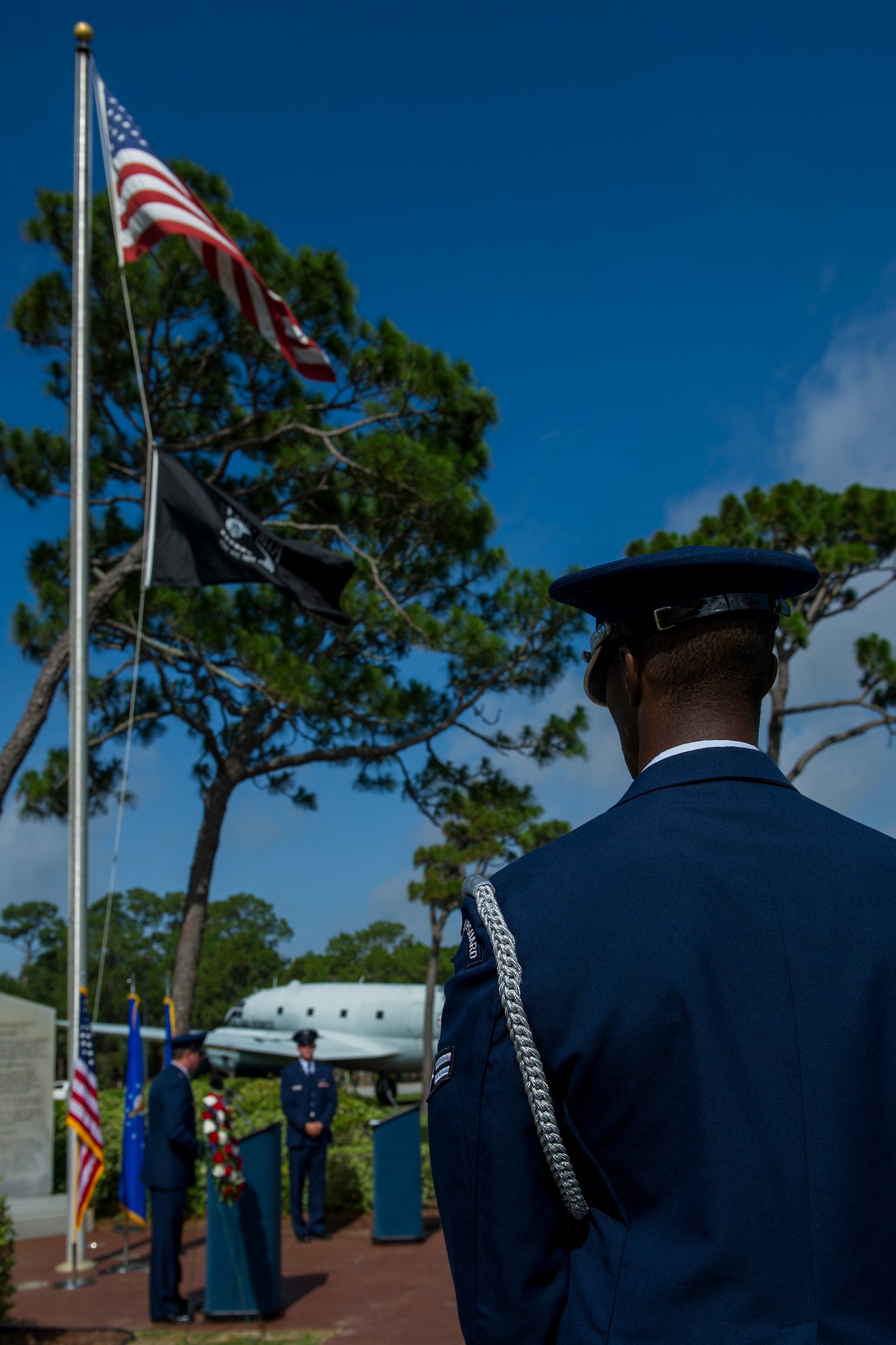 A member of the Hurlburt Field Honor Guard pays respects during the Operation Eagle Claw memorial ceremony at Hurlburt Field, Fla., June 23, 2017. Operation Eagle Claw was an attempted rescue mission on April 24, 1980, into Iran to liberate more than 50 American hostages captured after a group of radicals took over the American embassy in Tehran, Nov. 4, 1979. The mission resulted in the deaths of eight U.S. service members at a remote site deep in Iranian territory known as Desert One. The five Airmen who were killed were assigned to the 8th Special Operations Squadron. (U.S. Air Force photo by Staff Sgt. Victor J. Caputo)