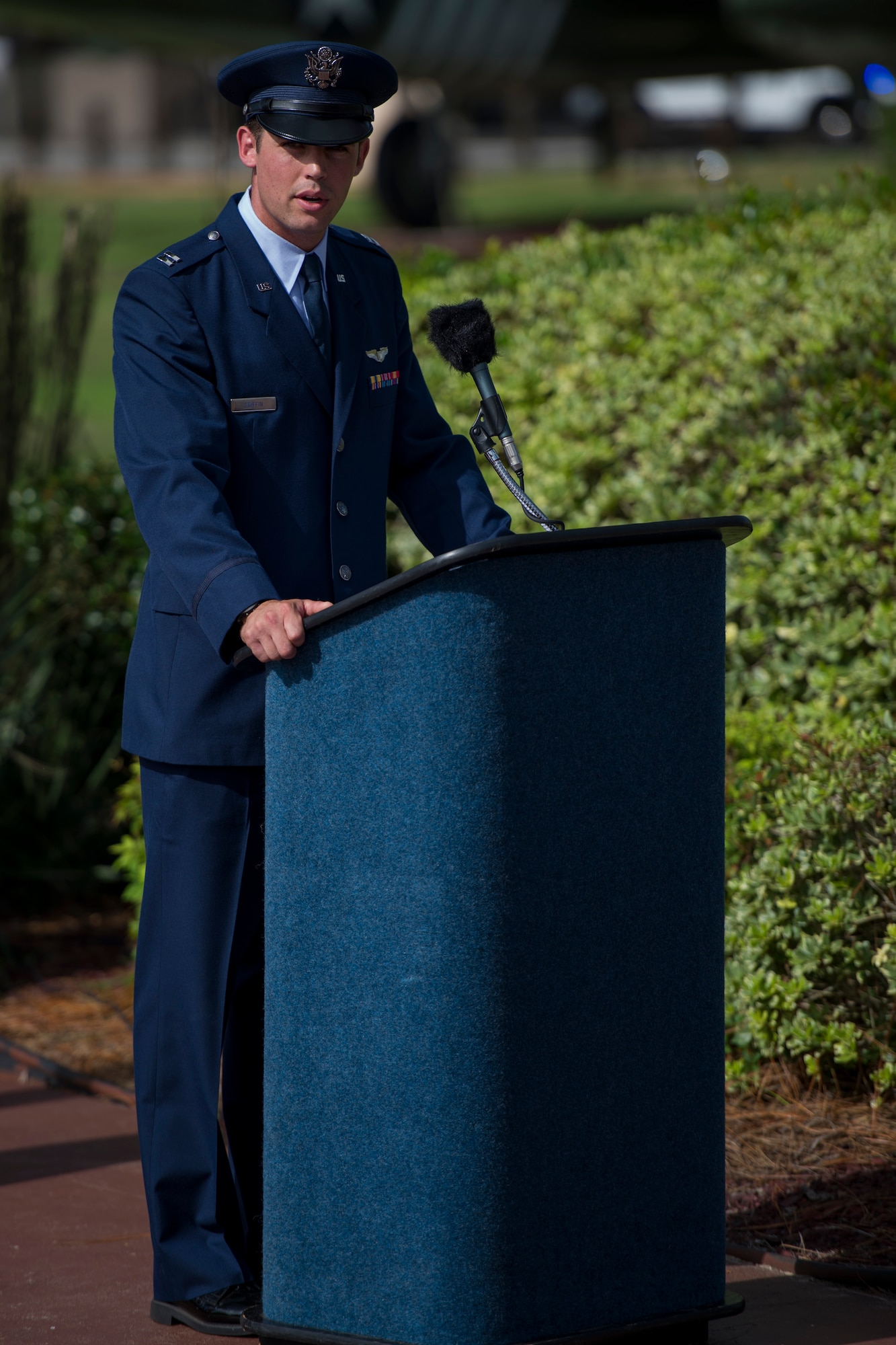 Capt. Mark Griffin, a pilot with the 8th Special Operations Squadron, narrates the Operation Eagle Claw memorial ceremony at Hulburt Field, Fla., June 23, 2017. Operation Eagle Claw was an attempted hostage-rescue mission in 1980 that resulted in five, 8th Special Operations Squadron Airmen and three Marines sacrificing their lives when two of the involved aircraft collided at the Desert One staging site. (U.S. Air Force photo by Staff Sgt. Victor J. Caputo)